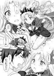 Rule 34 | 1boy, 1girl, @ @, asymmetrical sleeves, blush, bow, breasts, cape, closed eyes, closed mouth, comic, detached collar, dress, earrings, embarrassed, ereshkigal (fate), fate/grand order, fate (series), fujimaru ritsuka (male), full-face blush, full body, greyscale, hetero, hug, jewelry, jumping, long hair, long sleeves, looking at another, medium breasts, monochrome, mori marimo, open mouth, parted bangs, parted lips, shirt, spine, sweatdrop, tiara, tohsaka rin, translation request, twintails, underwear, uneven sleeves, white shirt