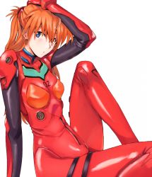 Rule 34 | 1girl, arm support, arm up, blue eyes, blush, bodysuit, bracer, breasts, from side, gloves, hair between eyes, hand on own head, headgear, knee up, long hair, looking to the side, neon genesis evangelion, ogros, orange hair, parted lips, plugsuit, simple background, sitting, small breasts, solo, souryuu asuka langley, turtleneck