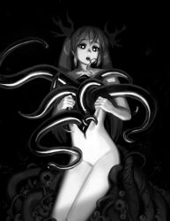 Rule 34 | 1girl, bright pupils, cthugha (nyaruko-san), dark, doyora, eldritch abomination, forked tongue, greyscale, haiyore! nyaruko-san, long hair, looking at viewer, monochrome, monster, monster girl, nude, open chest, simple background, solo, tentacles, thighs, tongue, twintails, white pupils