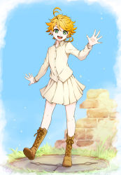 Rule 34 | 1girl, :d, ahoge, blonde hair, blouse, blue background, boots, brown footwear, collared shirt, curly hair, dress shirt, emma (yakusoku no neverland), full body, green eyes, highres, kuroa (kuroan), long sleeves, looking at viewer, miniskirt, neck tattoo, number tattoo, open mouth, outstretched hand, pleated skirt, shirt, short hair, skirt, smile, solo, standing, tattoo, white shirt, white skirt, wing collar, yakusoku no neverland