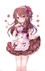 Rule 34 | 1girl, apron, bad id, bad pixiv id, blush, bow, brown eyes, brown hair, brown shirt, brown skirt, checkerboard cookie, closed mouth, commentary request, cookie, finger to mouth, food, frilled apron, frilled shirt, frills, hair between eyes, hair bow, halloween, head tilt, heart, highres, hina gyuunyuu, idolmaster, idolmaster cinderella girls, layered skirt, long hair, looking at viewer, maid, maid headdress, one side up, pink bow, pink ribbon, pocket, puffy short sleeves, puffy sleeves, ribbon, shimamura uzuki, shirt, short sleeves, simple background, skirt, skirt hold, smile, solo, striped, striped bow, thighhighs, white apron, white background, white thighhighs, wrist cuffs