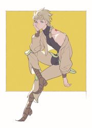 Rule 34 | 1boy, artist request, blonde hair, blue eyes, braid, cosplay, dio brando (cosplay), earrings, giorno giovanna, hand on own cheek, hand on own face, highres, jewelry, jojo no kimyou na bouken, male focus, pointed boots, pointed footwear, pointy footwear, shoes, sitting, star (symbol)