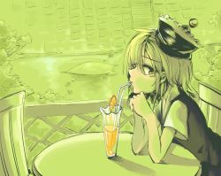 Rule 34 | 1girl, arm support, bad id, bad pixiv id, blonde hair, crescent, drinking, drinking straw, glass, green theme, harusame (unmei no ikasumi), hat, lunasa prismriver, monochrome, short hair, short sleeves, sitting, solo, table, touhou, yellow eyes