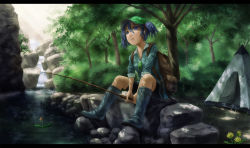 Rule 34 | 1girl, bad id, bad pixiv id, bag, blue eyes, blue hair, boots, cucumber, digital media player, earphones, female focus, fishing rod, forest, green hat, hat, highres, ipod, kawashiro nitori, kurione (pixiv), kurione (zassou), letterboxed, matching hair/eyes, nature, rubber boots, scenery, shade, sleeves rolled up, solo, tent, touhou, twintails, water, waterfall
