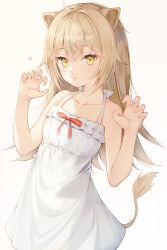 Rule 34 | 1girl, ahoge, aid!, animal ears, bare shoulders, blush, breasts, brown hair, dress, hair intakes, highres, indie virtual youtuber, lion ears, lion girl, lion tail, long hair, rurudo lion, rurudo lion (1st costume), sleeveless, sleeveless dress, small breasts, solo, sundress, tail, virtual youtuber, white dress