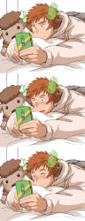 Rule 34 | 1boy, animal ears, bara, bed, blush, brown hair, brown hoodie, closed eyes, closed mouth, cow boy, cow ears, cow horns, eye black, fiery horns, forked eyebrows, glowing horns, highres, holding, holding phone, hood, hood down, hoodie, horns, looking at phone, lying, male focus, muscular, muscular male, on bed, on stomach, open mouth, phone, short hair, solo, stuffed animal, stuffed toy, sunfight0201, thick eyebrows, tokyo houkago summoners, wakan tanka