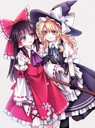 2girls apron ascot black_gloves black_skirt black_vest blonde_hair blue_bow bow braid broom brown_eyes brown_hair collared_shirt commentary_request detached_sleeves eye_contact frilled_bow frilled_hair_tubes frills gloves gohei hair_bow hair_tubes hakurei_reimu hat hat_bow hat_ornament holding holding_broom holding_gohei ii_fuufu_no_hi kirisame_marisa layered_skirt leg_up locked_arms long_hair looking_at_another miy_001 multiple_girls open_mouth puffy_short_sleeves puffy_sleeves purple_ascot red_bow red_skirt ribbon-trimmed_sleeves ribbon_trim shirt short_sleeves side_braid single_braid skirt skirt_set smile star_(symbol) star_hat_ornament touhou vest waist_apron white_apron white_bow white_shirt white_skirt witch_hat yellow_eyes yuri