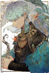 Rule 34 | 1boy, animal, black shirt, blue eyes, blue hair, blue sclera, closed mouth, colored sclera, curly hair, dark-skinned male, dark skin, earrings, embroidery, expressionless, fantasy, fish, frilled shirt, frills, from side, gem, grey eyes, half-closed eyes, high collar, highres, holding, holding staff, jewelry, kokuno, long sleeves, male focus, multicolored nails, nail polish, necklace, original, own hands clasped, own hands together, plant, pointy ears, profile, shirt, short hair, slit pupils, solo, staff, star (symbol), upper body, veil