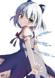 Rule 34 | 1girl, blue bow, blue dress, blue eyes, blue hair, bow, cirno, closed mouth, dress, from side, hair bow, highres, ice, ice wings, looking at viewer, natsume suzuri, puffy short sleeves, puffy sleeves, short sleeves, simple background, solo, standing, touhou, white background, wings
