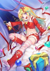 Rule 34 | 1girl, bell, blonde hair, christmas, christmas tree, detached sleeves, female focus, gift, hair ornament, highres, long hair, midriff, mitake eil, nail polish, navel, on bed, open mouth, original, purple eyes, short shorts, shorts, sidelocks, signature, solo, star (symbol), star hair ornament, striped clothes, striped thighhighs, thighhighs, window