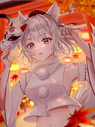 1girl animal_ears armpits autumn_leaves blurry blurry_background branch breasts brown_eyes commentary_request crossed_bangs curled_fingers detached_sleeves dot_nose eyebrows_hidden_by_hair eyelashes facing_viewer fingernails fox_mask grey_hair hands_up hat holding holding_mask inubashiri_momiji lantern light_blush long_sleeves maarin_(59567861) mask medium_breasts mid-autumn_festival midriff navel open_mouth outdoors paper_lantern pom_pom_(clothes) shirt short_hair solo tail tassel tokin_hat torii touhou turtleneck turtleneck_shirt upper_body white_shirt wide_sleeves wolf_ears wolf_girl wolf_tail