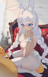 Rule 34 | 1girl, absurdres, animal ears, ass, azur lane, blue eyes, blush, bottle, braid, breasts, couch, cup, fake animal ears, firecracker (user kgxp3553), from side, full body, highres, le malin (azur lane), le malin (listless lapin) (azur lane), leotard, long hair, looking at viewer, manjuu (azur lane), medium breasts, no shoes, official alternate costume, open mouth, pantyhose, playboy bunny, rabbit ears, rabbit tail, seiza, sideboob, sitting, soles, solo, star-shaped pupils, star (symbol), symbol-shaped pupils, tail, thighs, twin braids, white hair, white leotard, white pantyhose, white wrist cuffs, wrist cuffs