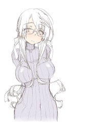 Rule 34 | 1girl, arms behind back, glasses, hair ornament, hairclip, highres, impossible clothes, long hair, looking to the side, mole, mole under mouth, navel, original, ribbed sweater, sakuya tsuitachi, solo, sweater, turtleneck, turtleneck sweater