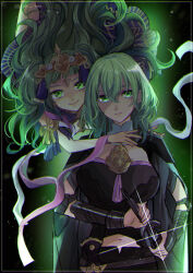 Rule 34 | 2girls, aohi ihoa, blunt bangs, breasts, byleth (female) (fire emblem), byleth (fire emblem), cape, dress, enlightened byleth (female), fire emblem, fire emblem: three houses, floating hair, framed, green eyes, green hair, grey cape, hair ornament, holding, holding sheath, holding sword, holding weapon, large breasts, long hair, looking at viewer, midriff, multiple girls, navel, nintendo, sheath, sketch, sothis (fire emblem), stomach, sword, twitter username, unsheathing, very long hair, weapon