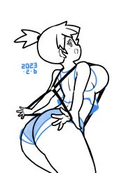 Rule 34 | 1girl, absurdres, arm behind back, ass, back, bare arms, bare shoulders, blush, breasts, creatures (company), dated, denim, denim shorts, female focus, game freak, gym leader, hair tie, highres, huge ass, koutarosu, large breasts, legs, miniskirt, misty (pokemon), monochrome, nintendo, open mouth, pokemon, pokemon (anime), pokemon (classic anime), ponytail, short, shorts, simple background, sketch, skirt, sleeveless, solo, suspenders, thick thighs, thighs, white background
