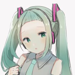Rule 34 | 1girl, alternate hairstyle, blue eyes, blush, collared shirt, green hair, hair ornament, hatsune miku, headphones, holding, holding own hair, long hair, looking to the side, necktie, open mouth, shirt, short bangs, sketch, sleeveless, sleeveless shirt, solo, suiren nei, twintails, vocaloid