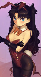 Rule 34 | 1girl, animal ears, black bow, black gloves, black hair, black pantyhose, blue eyes, blush, boa (brianoa), bow, bowtie, breasts, cleavage, commentary, detached collar, english commentary, fake animal ears, fake tail, fate/stay night, fate (series), gloves, hair bow, highres, leotard, long hair, looking at viewer, medium breasts, pantyhose, playboy bunny, rabbit ears, rabbit tail, red bow, red bowtie, red leotard, solo, sweatdrop, tail, thigh strap, tohsaka rin, twintails