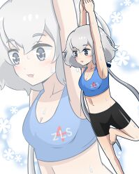 Rule 34 | 1girl, absurdres, arms up, bike shorts, blue eyes, blush, breasts, check commentary, commentary, commentary request, exercising, eyelashes, highres, konno junko, long hair, looking down, midriff, parted lips, patterned background, pawavita-maio, simple background, small breasts, sports bra, standing, standing on one leg, stretching, sweat, twintails, upper body, white background, white hair, zombie land saga