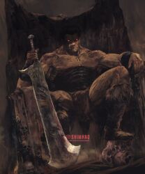 Rule 34 | 1boy, artist name, berserk, black hair, closed mouth, commentary, english commentary, fangs, fangs out, glowing, glowing eyes, highres, holding, holding weapon, instagram username, loincloth, male focus, muscular, muscular male, red eyes, sharp teeth, shimhaq, short hair, sitting, skull, solo, spiked hair, teeth, throne, veins, weapon, zodd (berserk)