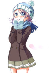 Rule 34 | 1girl, beanie, blue eyes, blush, brown hair, buttons, coat, covered mouth, cowboy shot, double-breasted, hands on own face, hat, highres, long sleeves, looking at viewer, love live!, love live! sunshine!!, mittens, pleated skirt, pom pom (clothes), rippe, scarf, school uniform, serafuku, short hair, simple background, skirt, solo, watanabe you, white background, winter clothes, winter coat