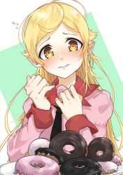 Rule 34 | 1girl, black necktie, blonde hair, blush, closed mouth, commentary, doughnut, dress shirt, flying sweatdrops, food, gonza (gonzares910), green background, hands up, head tilt, long hair, long sleeves, looking at food, monogatari (series), naoetsu high school uniform, necktie, nervous, nose blush, oshino shinobu, pink shirt, pointy ears, puffy sleeves, raised eyebrows, rectangle, school uniform, shirt, solo, swept bangs, upper body, very long hair, w arms, white background, yellow eyes