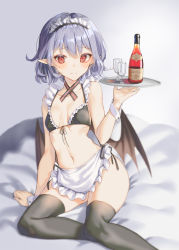 Rule 34 | 1girl, alternate costume, apron, arm support, bare arms, bare shoulders, bat wings, bed sheet, bikini, black bikini, black thighhighs, blue hair, blush, bottle, breasts, cha chya, choker, collarbone, commentary, cupping glass, enmaided, eyeshadow, feet out of frame, front-tie bikini top, front-tie top, gradient background, grey background, hair between eyes, hand up, highres, holding, holding tray, looking at viewer, maid, maid apron, maid bikini, maid headdress, makeup, navel, pointy ears, red eyes, remilia scarlet, short hair, sitting, small breasts, solo, stomach, swimsuit, thighhighs, thighs, touhou, tray, unconventional maid, waist apron, white apron, wings, wrist cuffs, yokozuwari