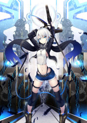 Rule 34 | 1girl, belt, black gloves, blade, blue eyes, closed mouth, feathers, female focus, gloves, gun, holding, holding gun, holding weapon, jewelry, kyoeiki, long sleeves, looking at viewer, midriff, navel, necklace, original, scarf, short hair, shorts, sleeves rolled up, solo, weapon, white hair