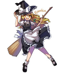 Rule 34 | 1girl, :d, apron, black footwear, black hat, black skirt, black vest, blonde hair, border, bow, braid, broom, commentary, full body, green bow, hair bow, hat, hat bow, highres, holding, holding broom, kirisame marisa, long hair, looking at viewer, open mouth, renshirenji, shirt, side braid, simple background, single braid, skirt, smile, socks, solo, touhou, twitter username, vest, waist apron, white background, white border, white bow, white shirt, white socks, witch hat, yellow eyes