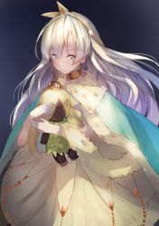 Rule 34 | 1girl, aa44, anastasia (fate), blue eyes, cape, crown, doll, dress, fate/grand order, fate (series), hair between eyes, hairband, highres, holding, holding doll, long hair, mini crown, royal robe, silver hair, simple background, solo, standing, very long hair, white dress