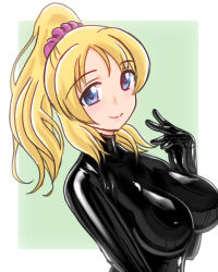 Rule 34 | 1girl, artist request, ayase eli, black bodysuit, blonde hair, blue eyes, blush, bodysuit, covered erect nipples, high ponytail, highres, latex, latex suit, long hair, love live!, love live! school idol project, ponytail, scrunchie, skin tight, smile, solo
