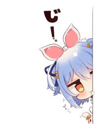 Rule 34 | 1girl, animal ears, blue hair, blue ribbon, blush, carrot hair ornament, chibi, closed mouth, food-themed hair ornament, grey background, hair between eyes, hair ornament, hair ribbon, hand up, hololive, looking at viewer, multicolored hair, muuran, orange eyes, peeking out, pekomon (usada pekora), rabbit-shaped pupils, rabbit ears, ribbon, sailor collar, short eyebrows, simple background, solo focus, streaked hair, symbol-shaped pupils, thick eyebrows, translation request, twitter username, two side up, usada pekora, usada pekora (casual), virtual youtuber, wavy mouth, white hair, white sailor collar