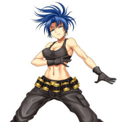 Rule 34 | 1girl, bandolier, black gloves, blue eyes, blue hair, breasts, cleavage, crop top, earrings, explosive, fighting stance, gloves, grenade, jewelry, large breasts, leona heidern, long hair, matching hair/eyes, midriff, muscular, navel, pants, ponytail, snk, solo, syunzou, tank top, the king of fighters, toned