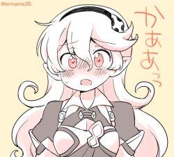 Rule 34 | 1girl, armor, blush, corrin (female) (fire emblem), corrin (fire emblem), eromame, fire emblem, fire emblem fates, hairband, long hair, nintendo, open mouth, orange background, pointy ears, simple background, solo, twitter username, upper body