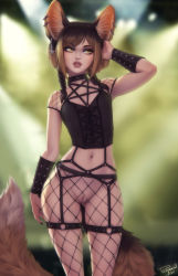 Rule 34 | 1girl, alternate costume, alternate hairstyle, animal ears, artist name, black hair, black nails, blonde hair, blurry, blurry background, bondage outfit, bracer, brown hair, cleft of venus, collar, commentary, cowboy shot, cross, cross-laced clothes, cross-laced top, earrings, english commentary, fishnet pantyhose, fishnets, flat chest, fox ears, fox tail, gluteal fold, goth fashion, gradient hair, green background, hand in own hair, harness, highres, hoop earrings, inverted cross, jewelry, khiara (personal ami), lips, multicolored hair, nail polish, navel, no pants, o-ring, original, pantyhose, parted bangs, pentagram, personal ami, pussy, revealing clothes, solo, studded collar, tail, two-tone hair, uncensored, yellow eyes