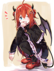 Rule 34 | 1girl, ;), ahoge, black capelet, black dress, black pantyhose, blue eyes, blush, brown background, capelet, closed mouth, commentary request, crescent, crescent hair ornament, demon girl, demon horns, demon tail, demon wings, double bun, dress, frilled capelet, frilled dress, frilled sleeves, frills, full body, grey wings, hair between eyes, hair bun, hair ornament, highres, horns, lamb (hitsujiniku), long sleeves, looking at viewer, nijisanji, notice lines, one eye closed, pantyhose, red footwear, red hair, shoes, smile, solo, squatting, tail, two side up, virtual youtuber, wings, yuzuki roa