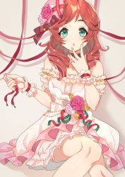 Rule 34 | 1girl, :o, bare legs, bare shoulders, detached sleeves, dress, feet out of frame, frilled dress, frills, hand to own mouth, hat, hat ribbon, idolmaster, idolmaster cinderella girls, imtyousei, imura setsuna, jewelry, necklace, off-shoulder dress, off shoulder, print dress, red hair, red ribbon, ribbon, sitting, solo, wrist cuffs