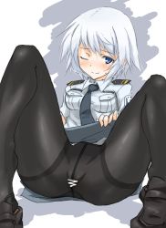 Rule 34 | 1girl, armored core, armored core: for answer, armored core 4, ay pool, blue eyes, blush, dakku (ogitsune), female focus, female pubic hair, from software, military, military uniform, no panties, pantyhose, pubic hair, see-through, short hair, silver hair, skirt, solo, spread legs, uniform, white background, wink