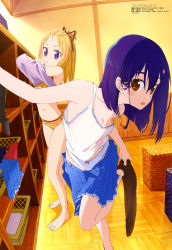 Rule 34 | 2girls, :/, absurdres, arm support, bangs pinned back, barefoot, basket, blonde hair, blouse, blue hair, blue skirt, bow, bow panties, bra, brown legwear, camisole, changing room, clothes lift, clothes pull, copyright name, eyebrows, feet, flip flappers, forehead, hair over eyes, hair ribbon, highres, indoors, kojima takashi, kokomine cocona, laundry basket, looking at viewer, multicolored hair, multiple girls, no bra, official art, onsen, open mouth, orange eyes, panties, pantyhose, pantyhose around one leg, pantyhose pull, perspective, pink hair, pink shirt, pleated skirt, purple eyes, purple hair, ribbon, see-through, shelf, shirt, shirt lift, skirt, skirt pull, standing, standing on one leg, strap gap, streaked hair, striped bra, striped clothes, striped panties, thighhighs, thighhighs pull, unbuttoned, underwear, undressing, v-shaped eyebrows, watermark, white panties, yayaka