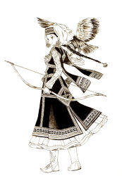 Rule 34 | 1girl, amira, bird, boots, bow (weapon), braid, brown theme, earrings, headdress, highres, jewelry, manami (artist), monochrome, otoyomegatari, quiver, single braid, solo, standing, sugano manami, traditional clothes, weapon