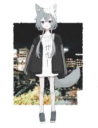 Rule 34 | 1girl, animal ears, aqua eyes, bare legs, black jacket, border, bright pupils, crossed bangs, full body, grey footwear, grey hair, grey tail, hair between eyes, hair ornament, hairclip, highres, hood, hooded jacket, indie virtual youtuber, jacket, looking at viewer, maga mitsuki, moga (ponco gris), no pants, open clothes, open jacket, oversized clothes, oversized shirt, parted lips, print shirt, shirt, short hair with long locks, sleeves past fingers, sleeves past wrists, solo, tail, virtual youtuber, white border, white pupils, white shirt, wolf ears, wolf girl, wolf tail
