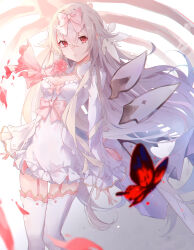 Rule 34 | 1girl, arcaea, bai-hyacinth, blurry, bow, breasts, bug, butterfly, closed mouth, commentary request, crossed bangs, depth of field, dress, feet out of frame, flower, garter straps, grey hair, hair between eyes, hair bow, hair flaps, highres, hikari (arcaea), hikari (fatalis) (arcaea), insect, long bangs, long hair, long sleeves, looking at viewer, pink bow, pink flower, pink rose, red eyes, rose, sleeves past wrists, small breasts, solo, thighhighs, thighs, very long hair, white dress, white thighhighs