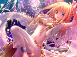1girl, :d, aerial fireworks, akira (139931), anklet, arm up, bangs, bikini, blonde hair, blue eyes, bracelet, breasts, cape, choker, city lights, commentary request, cowboy shot, dancer (ragnarok online), dutch angle, fireworks, gem, hair between eyes, harem pants, jewelry, leg up, long hair, looking at viewer, medium breasts, midriff, navel, necklace, night, ocean, open mouth, outdoors, palm tree, pants, purple sky, ragnarok online, red cape, see-through, sequins, shawl, smile, solo, swimsuit, tree, waist cape, water, white pants, yellow bikini