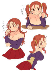 Rule 34 | 1girl, bare shoulders, blush, breasts, brown eyes, brown hair, cleavage, closed mouth, dragon quest, dragon quest viii, dress, earrings, highres, jessica albert, jewelry, large breasts, long hair, looking at viewer, miyama (kannsannn), purple shirt, shirt, simple background, smile, solo, strapless, twintails, white background