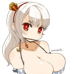 Rule 34 | 1girl, 2014, breasts, cleavage, crown, dated, hairband, key, large breasts, lock, long hair, looking at viewer, mini crown, mota, mouth hold, original, red eyes, simple background, solo, white background, white hair