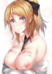 Rule 34 | 10s, 1girl, ayase eli, blonde hair, blue eyes, blush, body writing, breasts, female focus, happy birthday, hews, large breasts, looking at viewer, love live!, love live! school idol project, necktie, nipples, open clothes, open shirt, ponytail, shirt, smile, solo