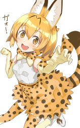 Rule 34 | 10s, 1girl, :d, animal ears, bad id, bad pixiv id, bare shoulders, blonde hair, blush, bow, bowtie, claw pose, elbow gloves, gloves, highres, kemono friends, looking at viewer, mamehamu, open mouth, paw pose, serval (kemono friends), serval print, serval tail, short hair, simple background, skirt, sleeveless, smile, solo, tail, thighhighs, white background