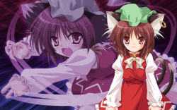 Rule 34 | 1girl, animal ears, brown hair, cat ears, cat girl, cat tail, chen, earrings, fang, female focus, hat, highres, jewelry, multiple tails, red eyes, short hair, solo, tail, touhou, touhou unreal mahjong, wallpaper, yamu (reverse noise), zoom layer