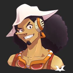 Rule 34 | 1boy, absurdres, afro, black background, commentary, cropped torso, english commentary, eyelashes, facial hair, goatee, goggles, goggles around neck, hat, headphones, highres, long nose, looking at viewer, male focus, micro (antisocialmicro), one piece, ponytail, simple background, smile, solo, suspenders, usopp, white hat