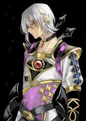 Rule 34 | 1boy, asymmetrical clothes, black background, choker, closed mouth, fire emblem, fire emblem engage, hair between eyes, hair ornament, highres, long sleeves, looking to the side, male focus, nintendo, omlililimo, rafal (fire emblem), red eyes, short hair, solo, upper body, white hair