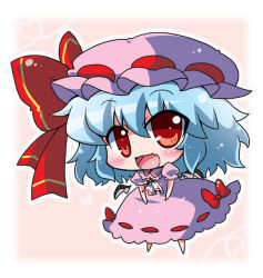 Rule 34 | 1girl, bad id, bad pixiv id, bat wings, blue hair, bow, chibi, commentary request, detached sleeves, fang, hair between eyes, hair bow, hat, mob cap, noai nioshi, open mouth, puffy sleeves, red bow, remilia scarlet, short hair, short sleeves, solo, touhou, wings